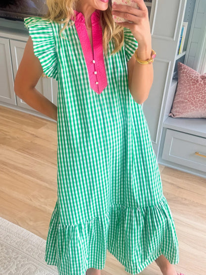 Green Gingham Flutter Sleeve Midi Dress