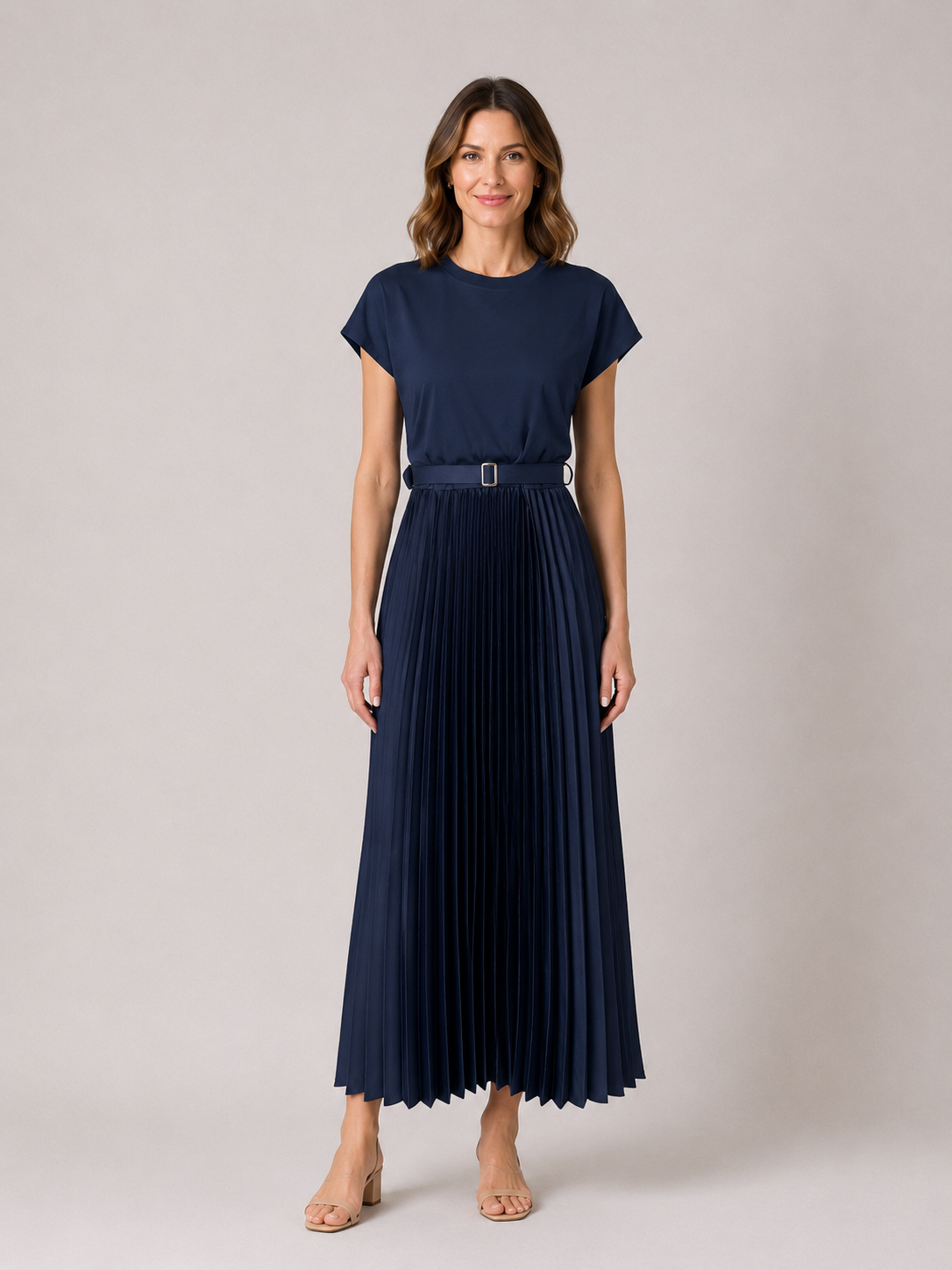 Navy Pleated Midi Dress