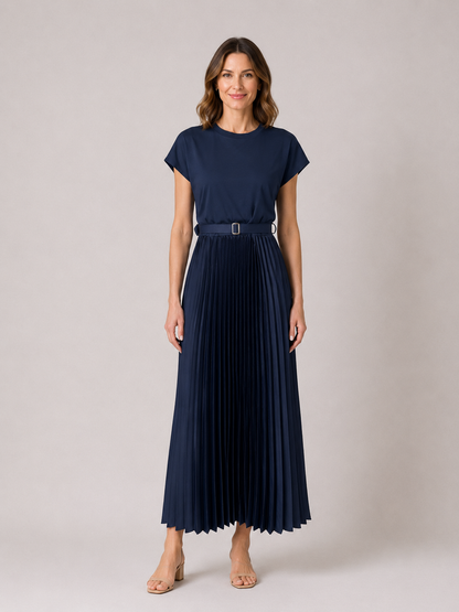 Navy Pleated Midi Dress