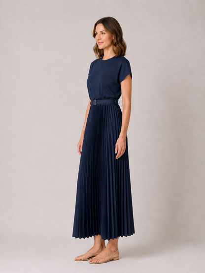 Navy Pleated Midi Dress