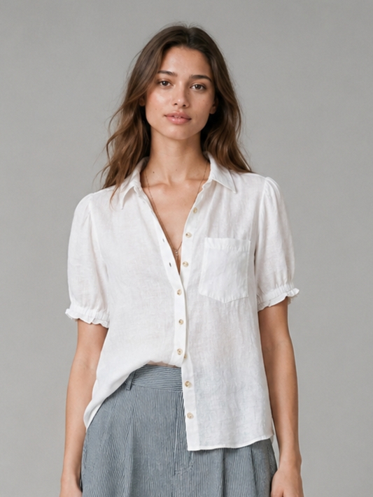 Aly 100% European Linen Puff-Sleeve Blouse