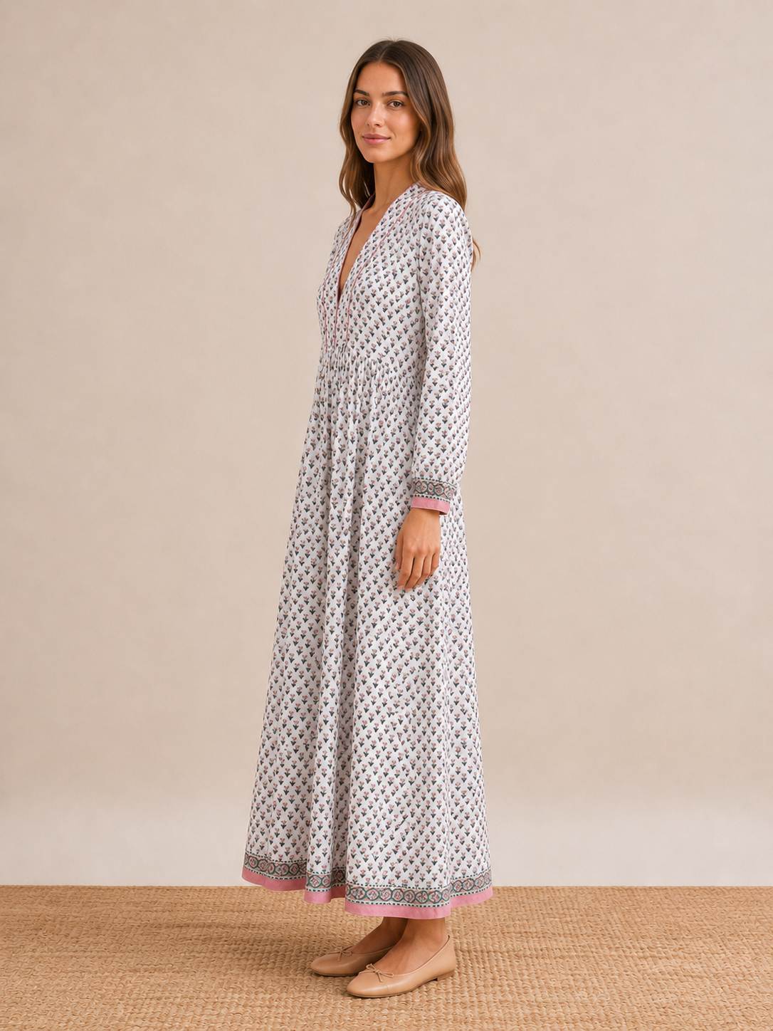 Neutral Block Print Cotton Caftan
