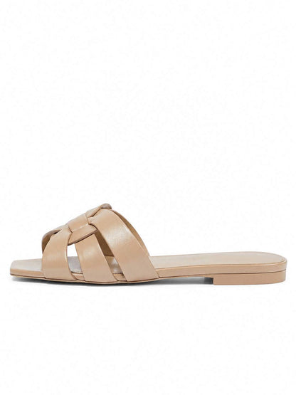 Beige Woven Leather Slide Sandals