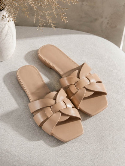 Beige Woven Leather Slide Sandals