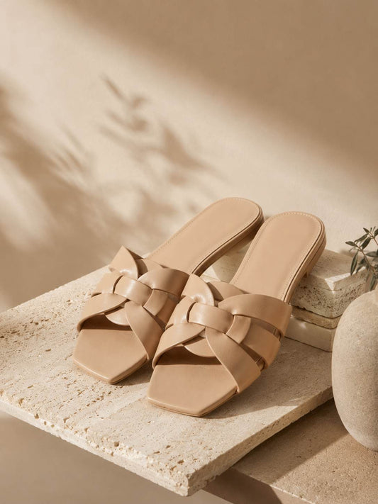 Beige Woven Leather Slide Sandals
