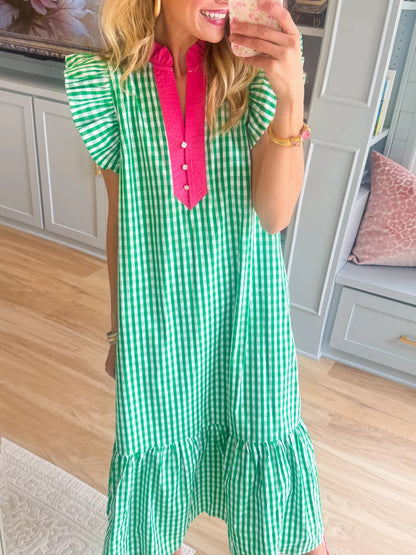 Green Gingham Flutter Sleeve Midi Dress