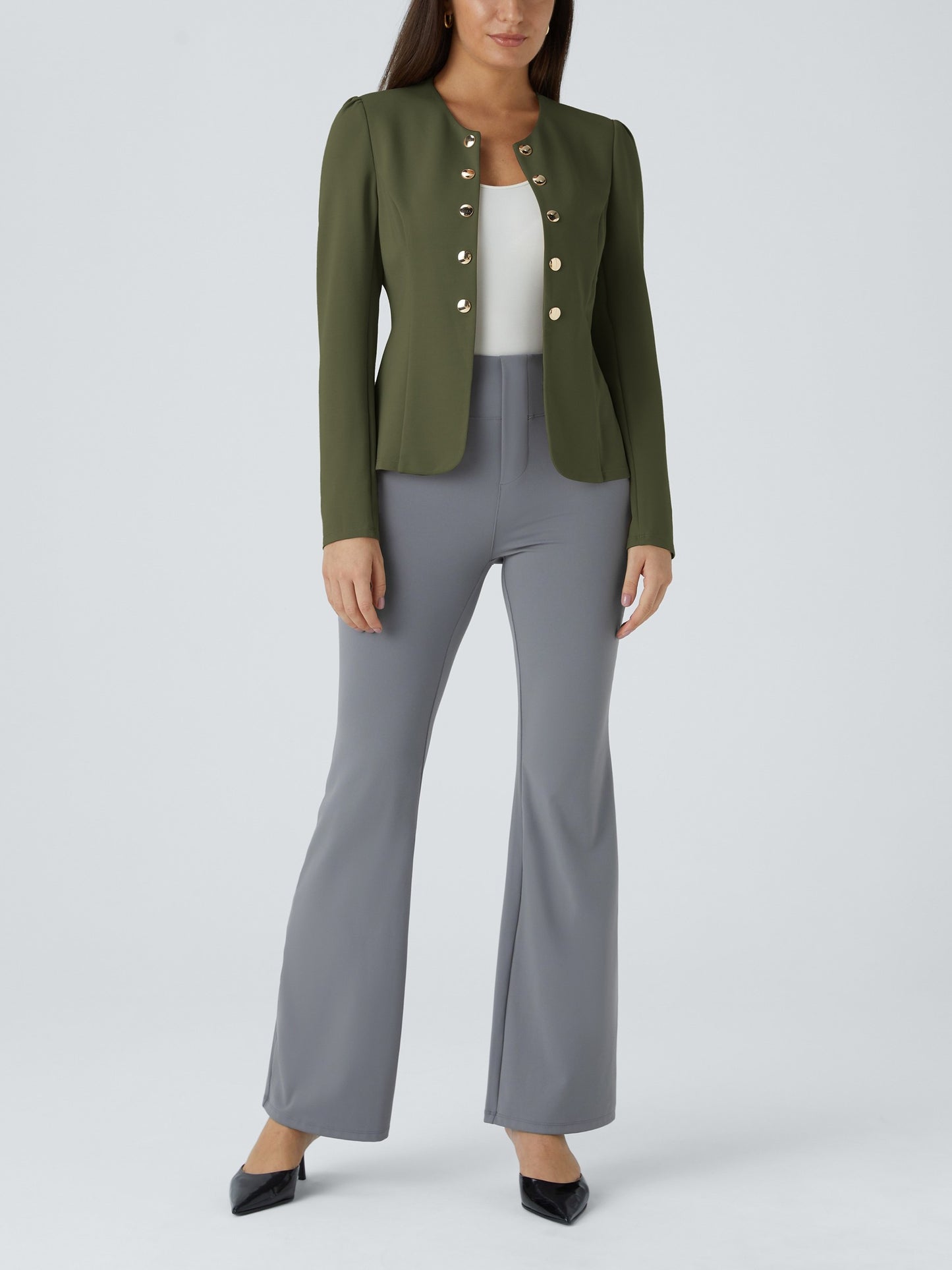 Round Neck Long Sleeve Decorative Button Slim Work Blazer