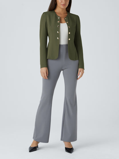 Round Neck Long Sleeve Decorative Button Slim Work Blazer