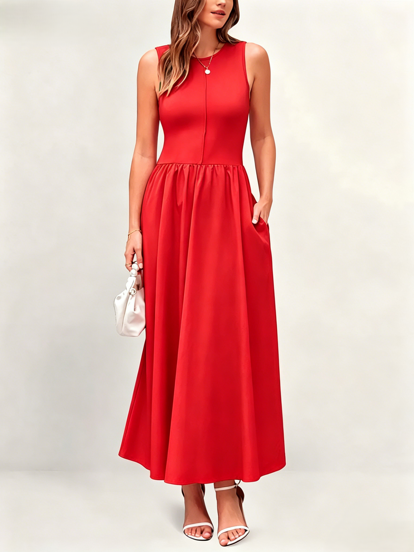 Mixed Media Cotton Blend Sleeveless Midi Dress