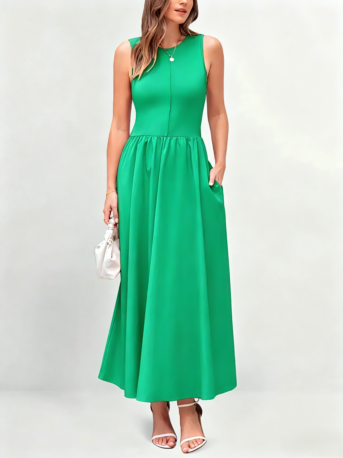 Mixed Media Cotton Blend Sleeveless Midi Dress