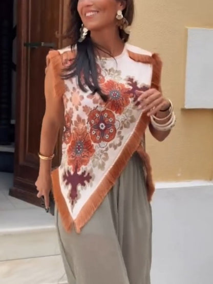 Stunning Floral Print Asymmetric Tassel Trim Scarf Top