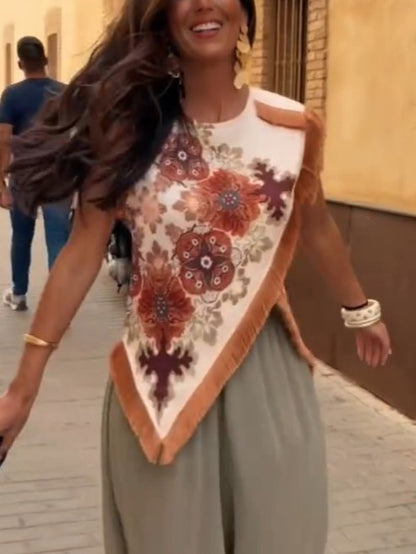 Stunning Floral Print Asymmetric Tassel Trim Scarf Top