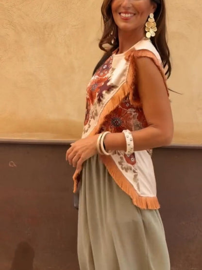Stunning Floral Print Asymmetric Tassel Trim Scarf Top