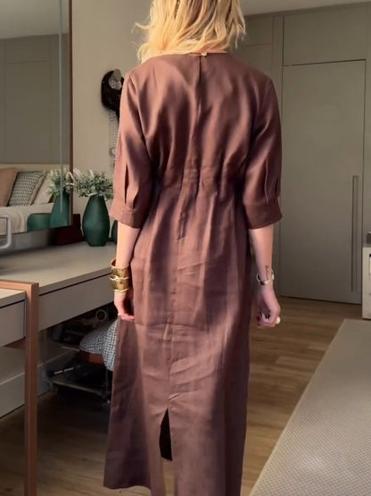Walnut Linen Midi Dress