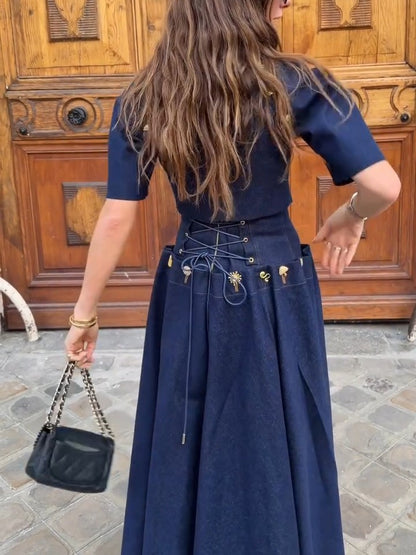 Gold Button Indigo Denim Two-Piece