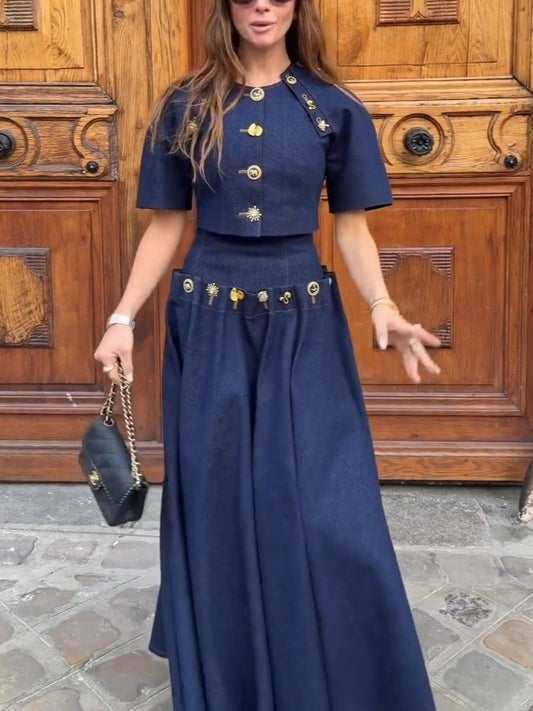 Gold Button Indigo Denim Two-Piece
