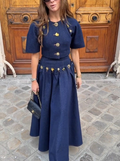 Gold Button Indigo Denim Two-Piece