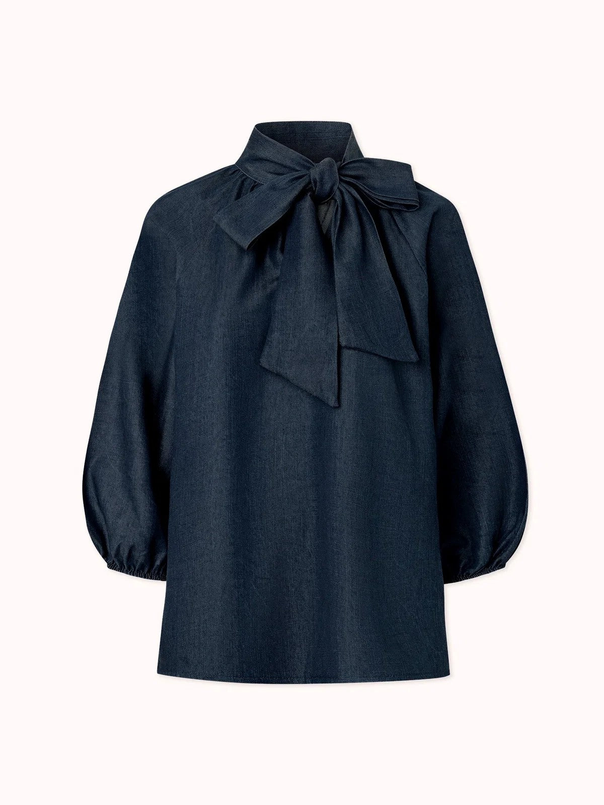 Blue Denim Puff-Sleeve Shirt With Tie
