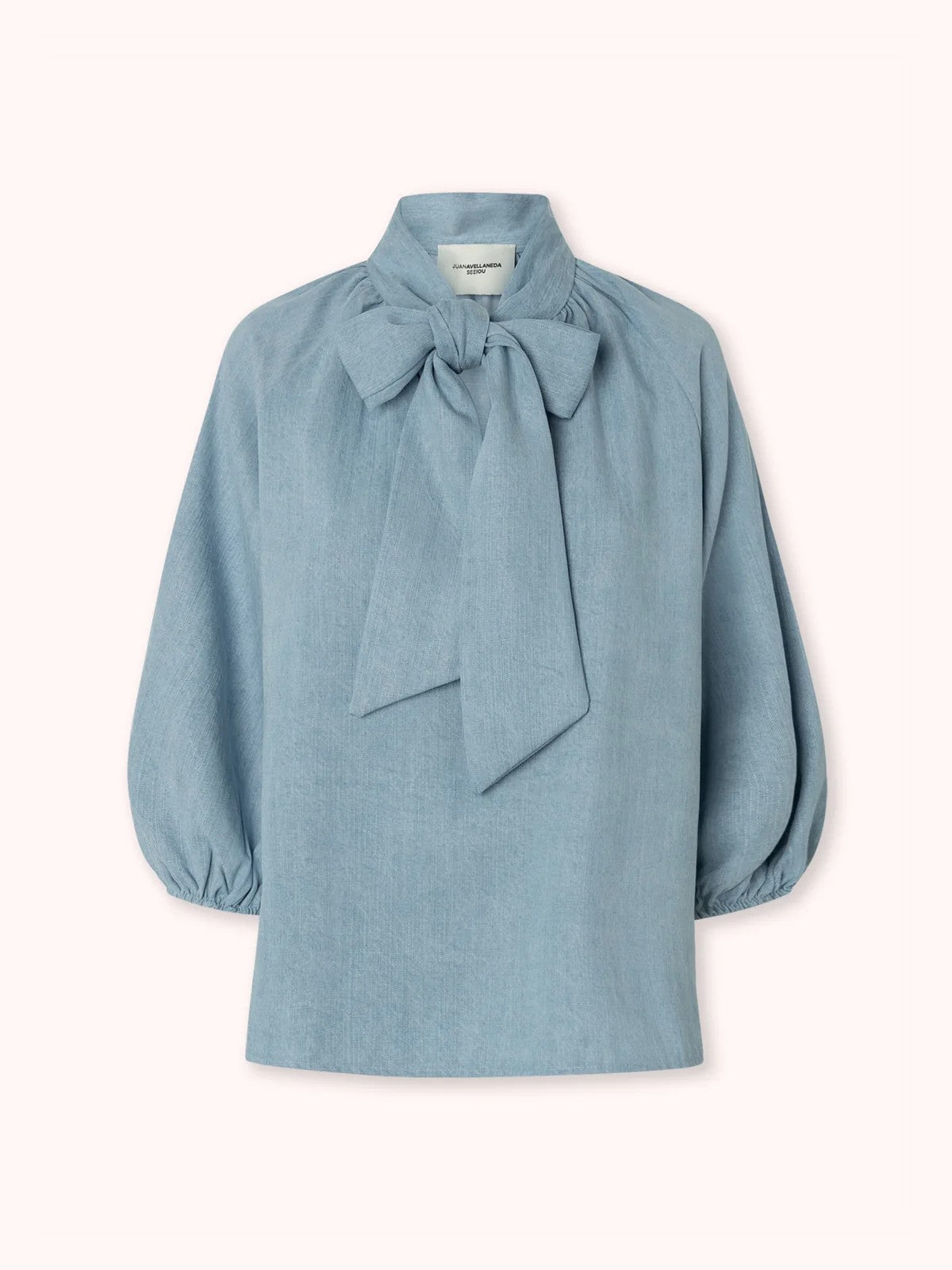 Blue Denim Puff-Sleeve Shirt With Tie