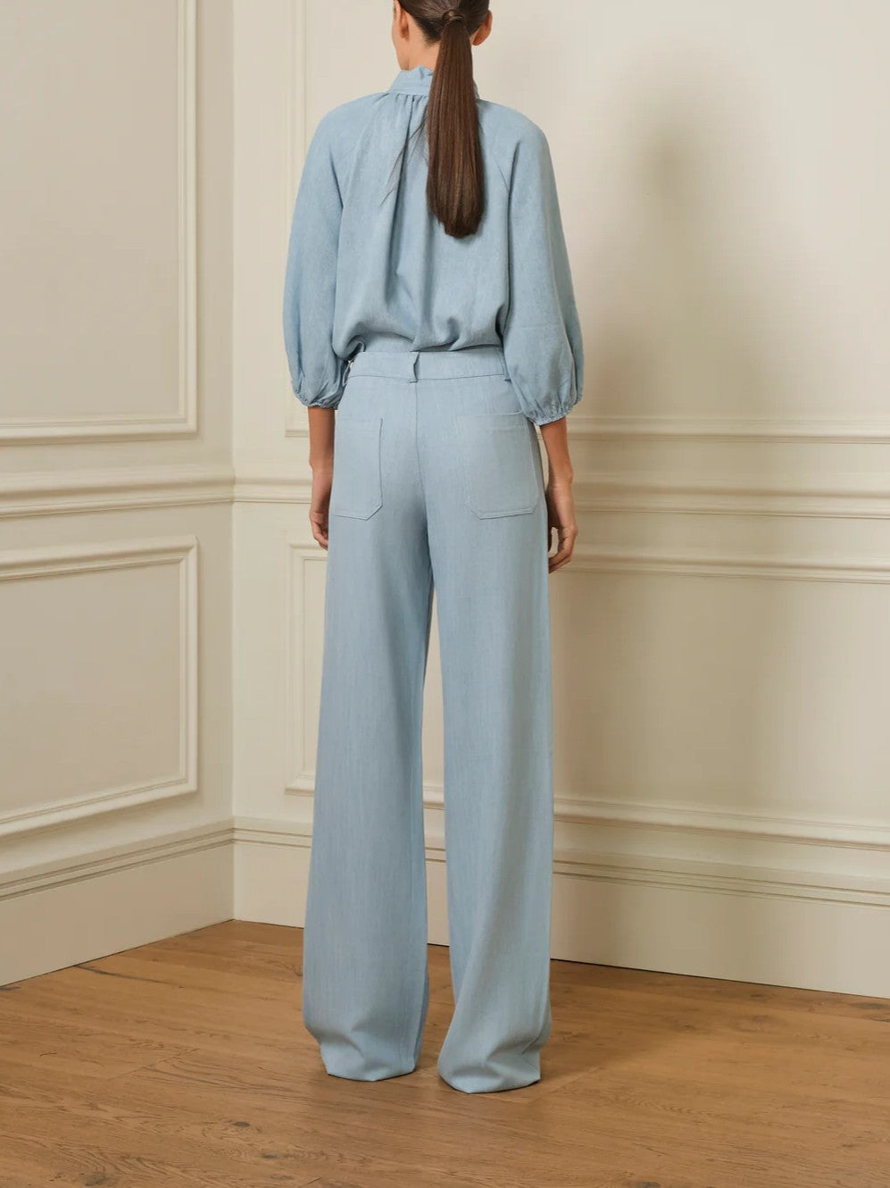Blue Denim Puff-Sleeve Shirt With Tie