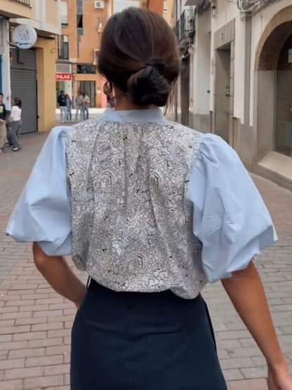 Button-Down Puff Sleeve Lace Panel Blouse