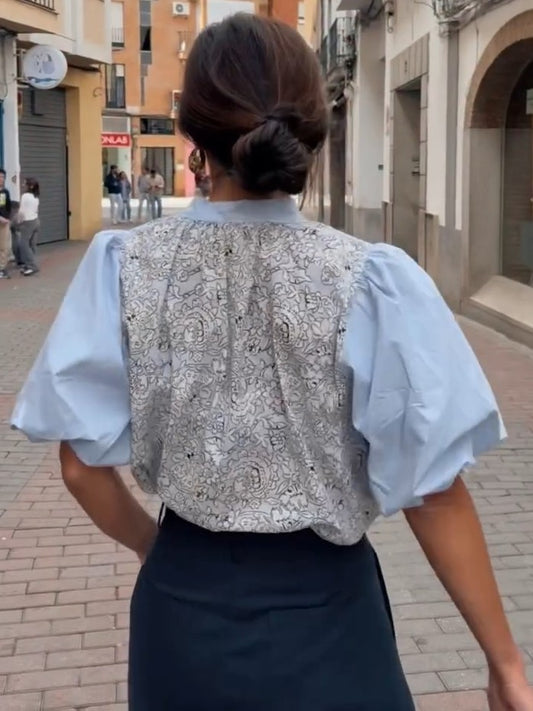Button-Down Puff Sleeve Lace Panel Blouse
