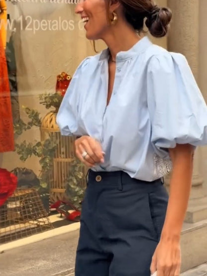 Button-Down Puff Sleeve Lace Panel Blouse