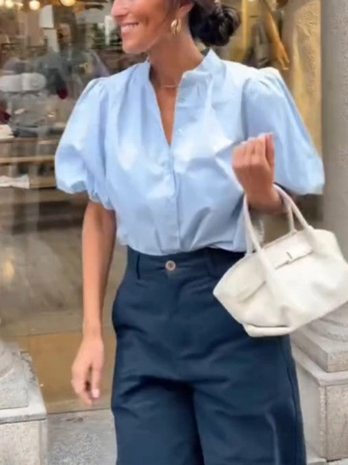 Button-Down Puff Sleeve Lace Panel Blouse