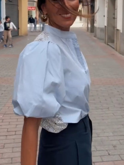 Button-Down Puff Sleeve Lace Panel Blouse