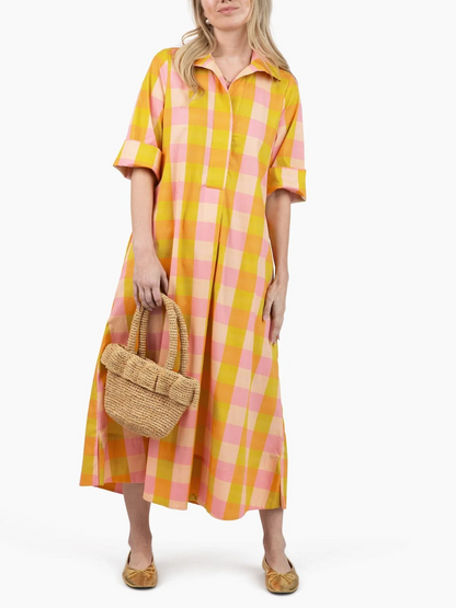 Oversized Check Print Roll Sleeve Shirt Dress