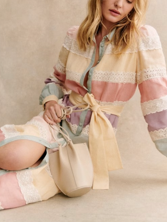 Pastel Stripe Lace Insert Belted Maxi Dress