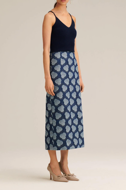 Dark Blue Textured Cloud-Print Denim Midi Skirt