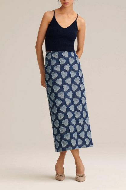 Dark Blue Textured Cloud-Print Denim Midi Skirt