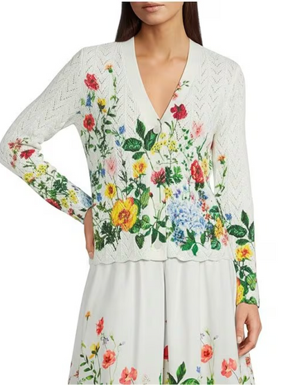 Coordinating Floral Pointelle V- Neck Long Sleeve Scalloped Hem Cardigan