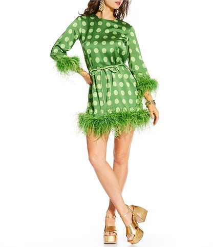 Printed Satin Polka Dot Feather Belted Shift Dress