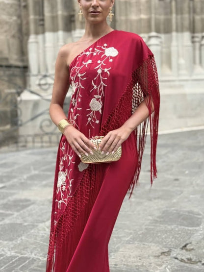 Floral Embroidered Fringe Maxi Dress