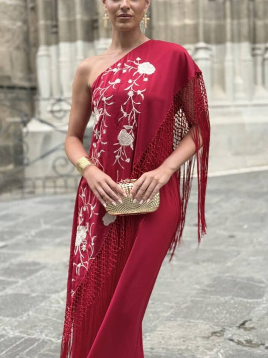 Floral Embroidered Fringe Maxi Dress