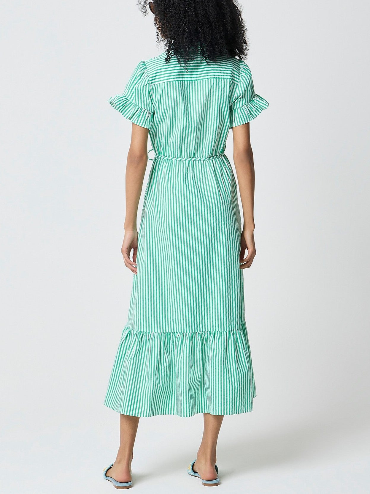 Striped ruffle-sleeve shirt-dress