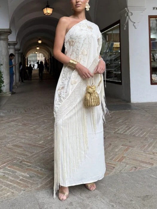 Floral Embroidered Fringe Maxi Dress