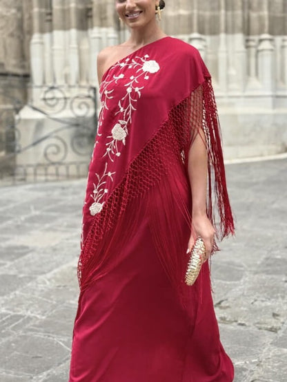 Floral Embroidered Fringe Maxi Dress