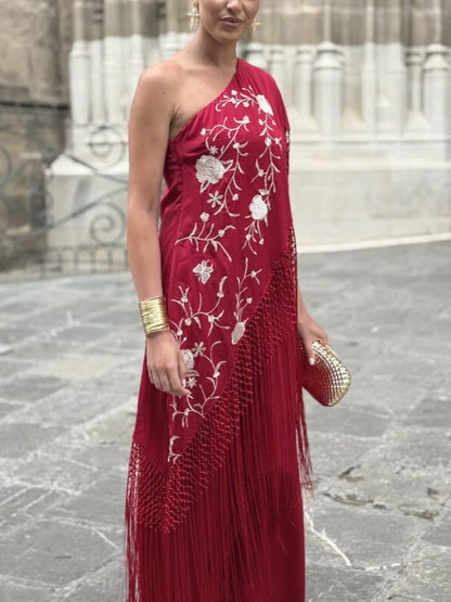 Floral Embroidered Fringe Maxi Dress