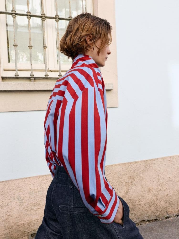 Red & Blue Stripe Bow Blouse