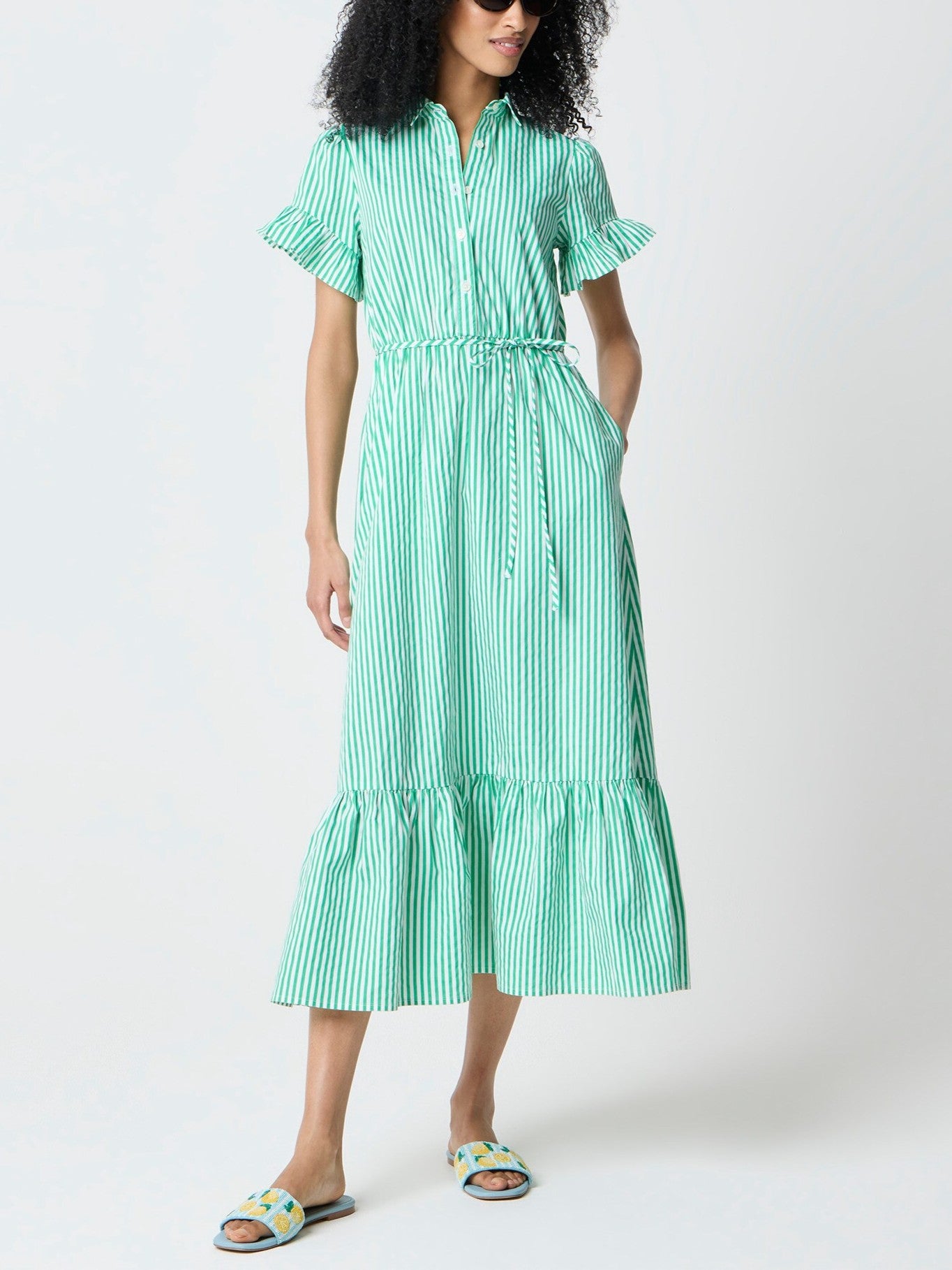 Striped ruffle-sleeve shirt-dress
