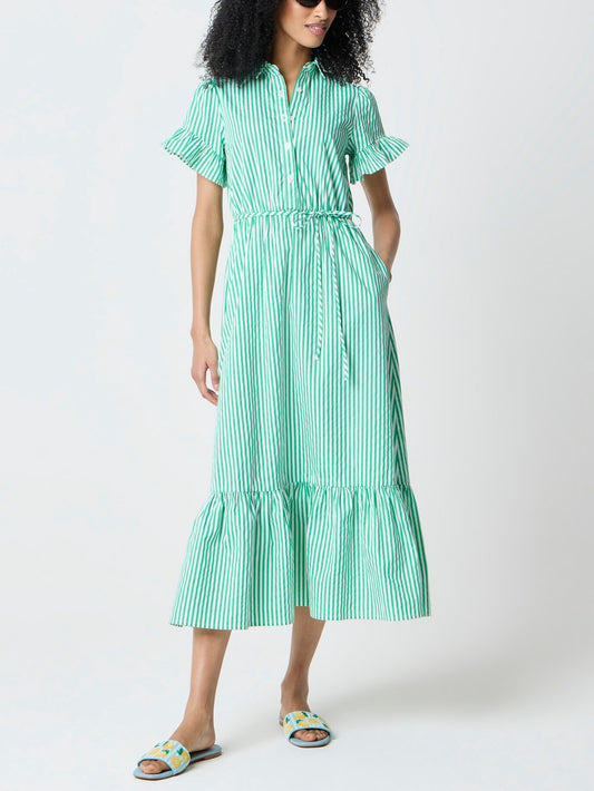 Striped ruffle-sleeve shirt-dress
