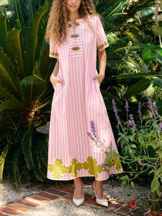 Short Sleeve Maxi Kaftan - Pink Stripe