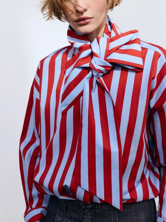 Red & Blue Stripe Bow Blouse