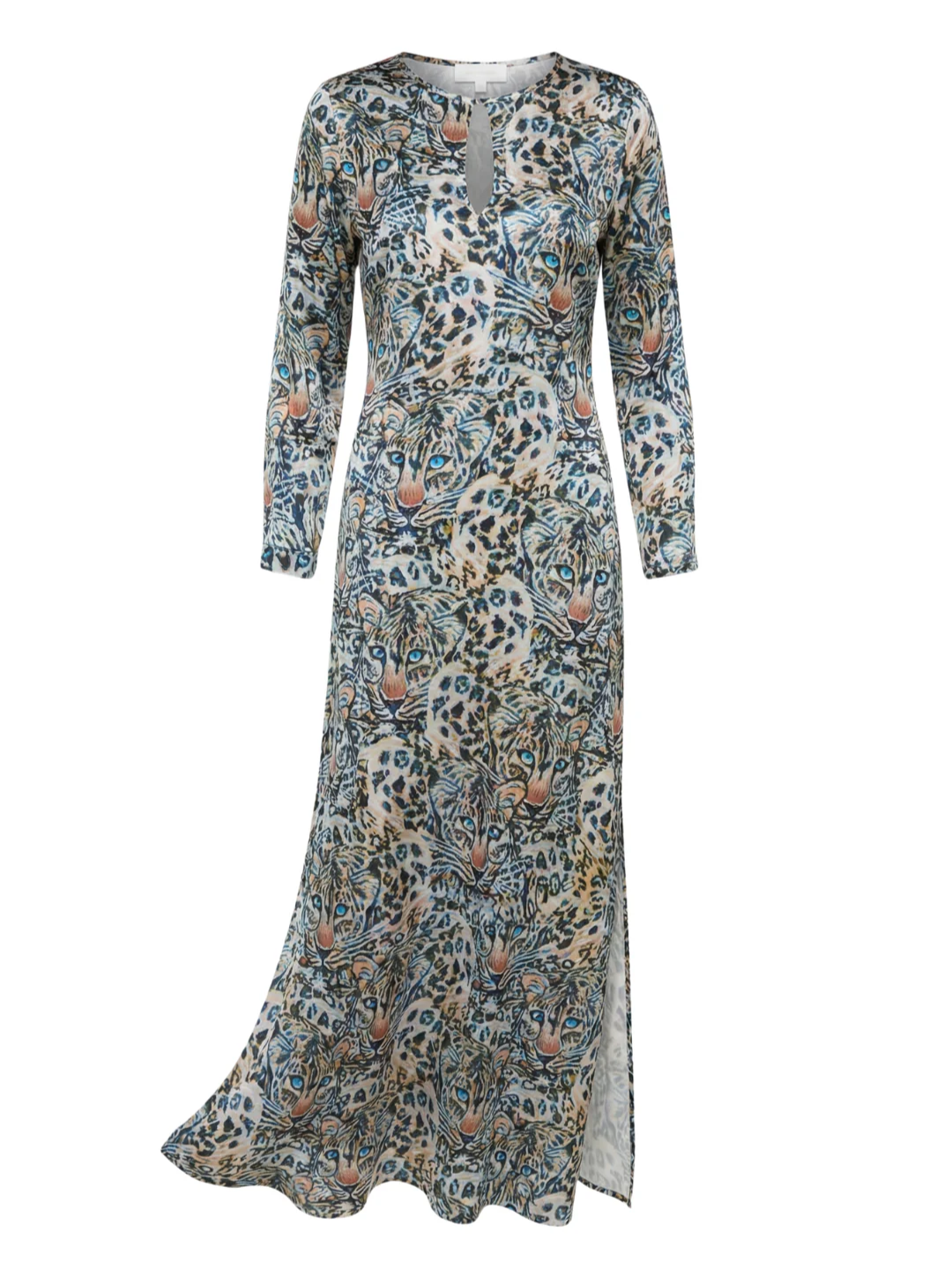 Silk Keyhole Kaftan in Snow Leopard