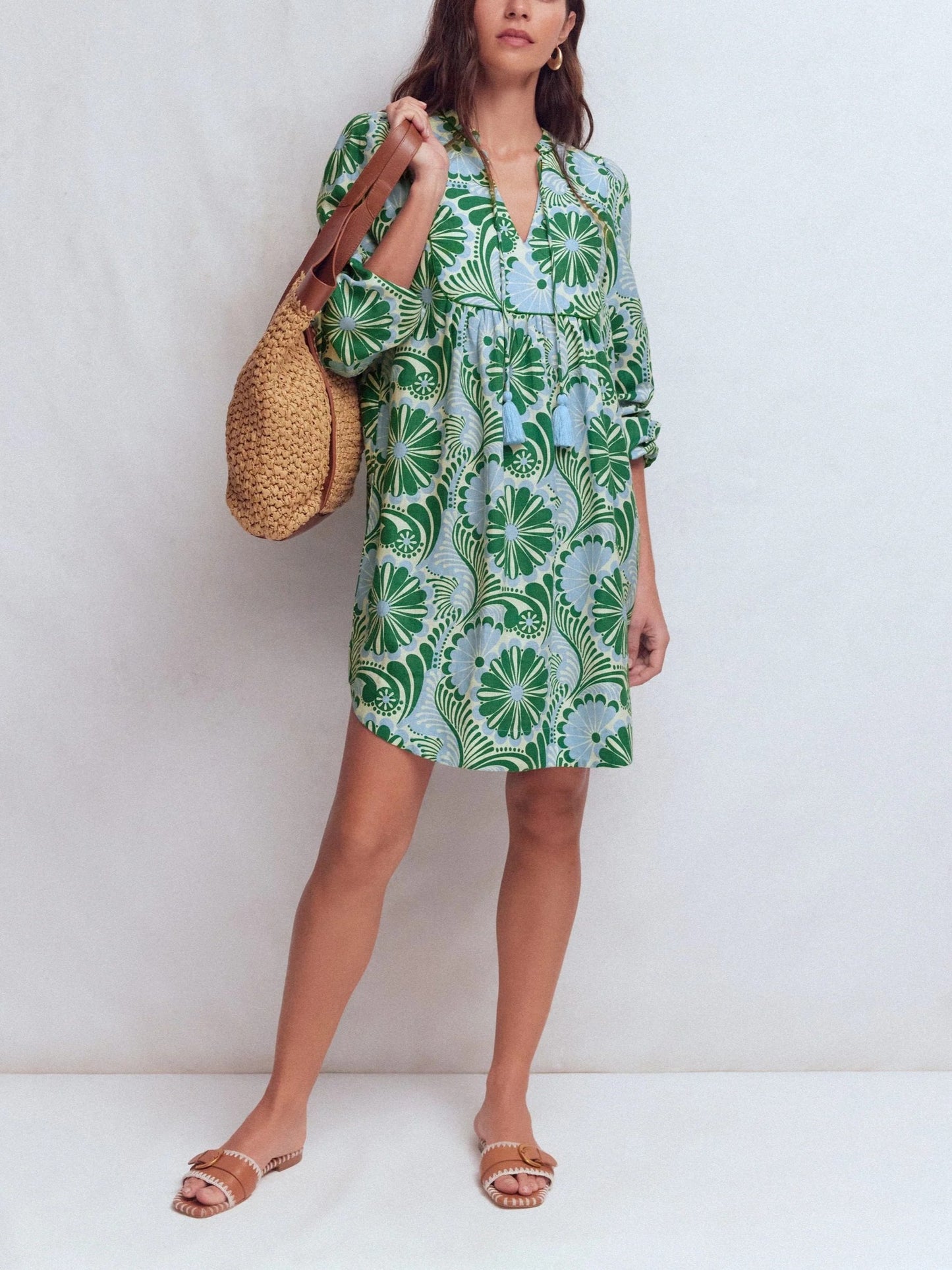 Pia Linen Yoke Tassel Dress