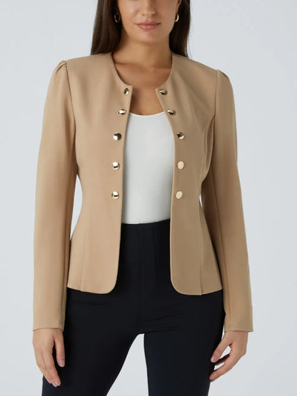 Round Neck Long Sleeve Decorative Button Slim Work Blazer