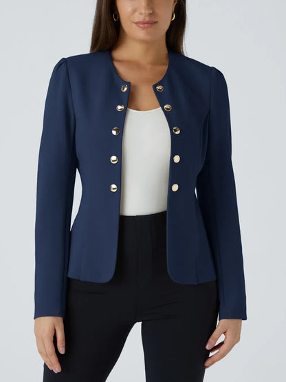 Round Neck Long Sleeve Decorative Button Slim Work Blazer